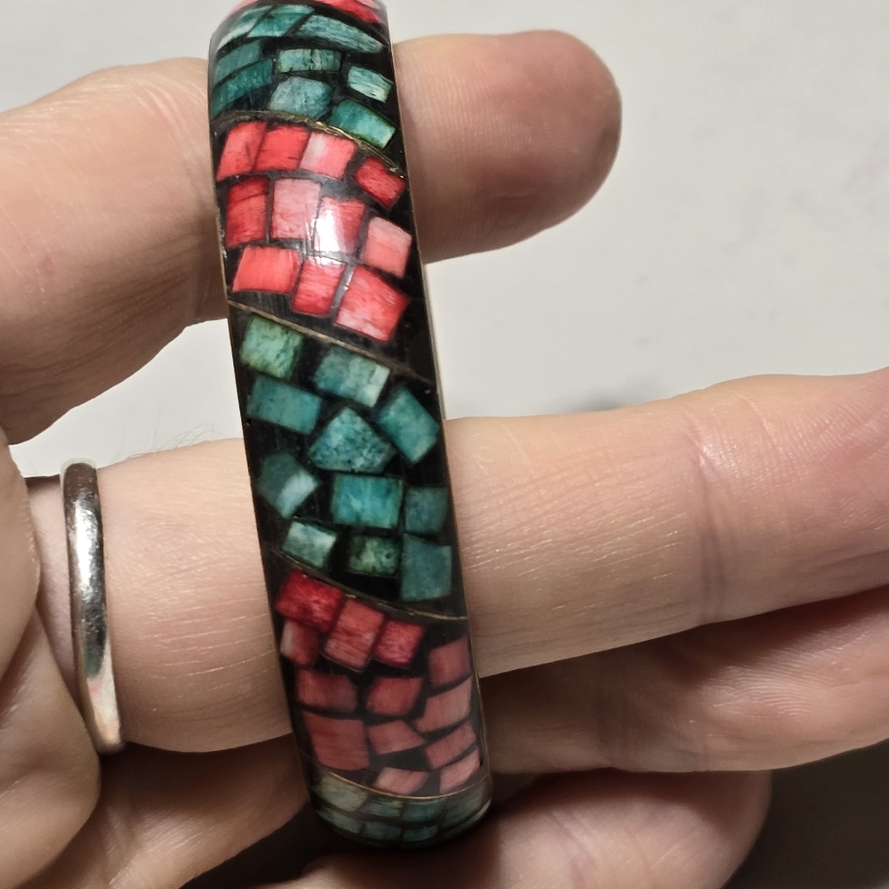 Vintage Mosaic Inlay Tibetan Brass Bangle .5in Wide